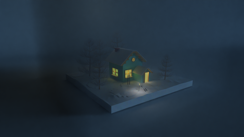 a diorama of a snowy cottage in the winter  dark, with lights sining from the windows.ski's are standing in front of the cottage, and the door is open. Made in blender.